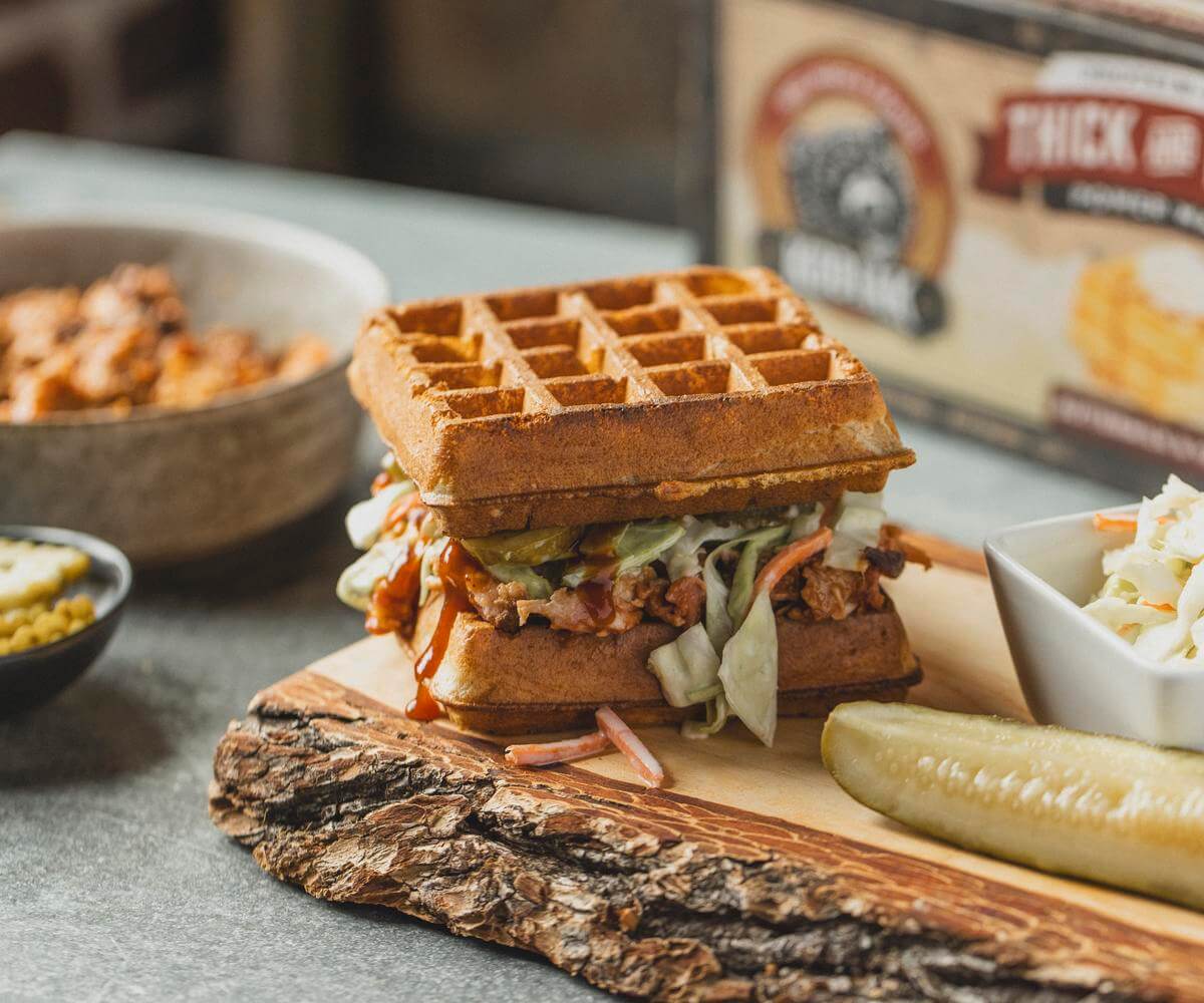 Slow Cooker BBQ Pulled Pork Waffle Sandwich Kodiak®