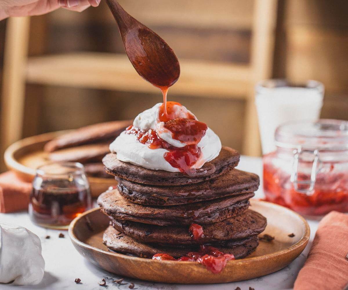 Chocolate Pancakes With Maple Strawberry Sauce