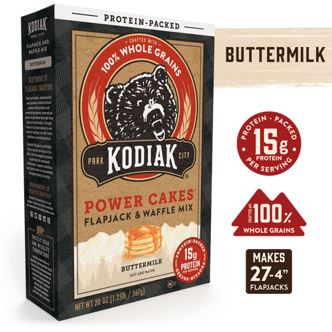 Kodiak Cakes Power Cakes: Flapjack and Waffle Mix Whole Grain Buttermilk  Net Wt. 4.5 lbs (Three 24 Ounce Pouches) 