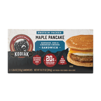 a box of protein packed Kodiak Cakes maple pancake Sausage, Egg & Cheddar Cheese Sandwich