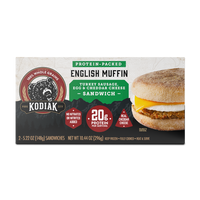 a box of protein-packed Kodiak Cakes English Muffin Turkey Sausage, Egg & Cheddar Cheese Sandwich