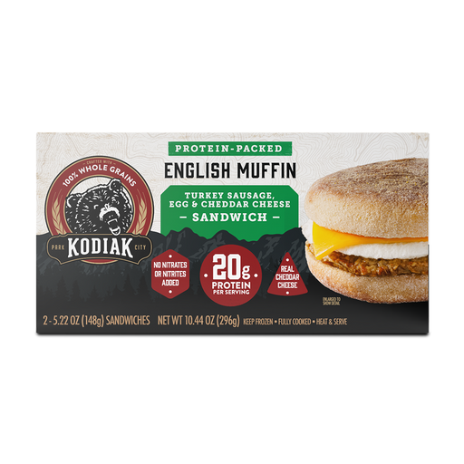 a box of protein-packed Kodiak Cakes English Muffin Turkey Sausage, Egg & Cheddar Cheese Sandwich